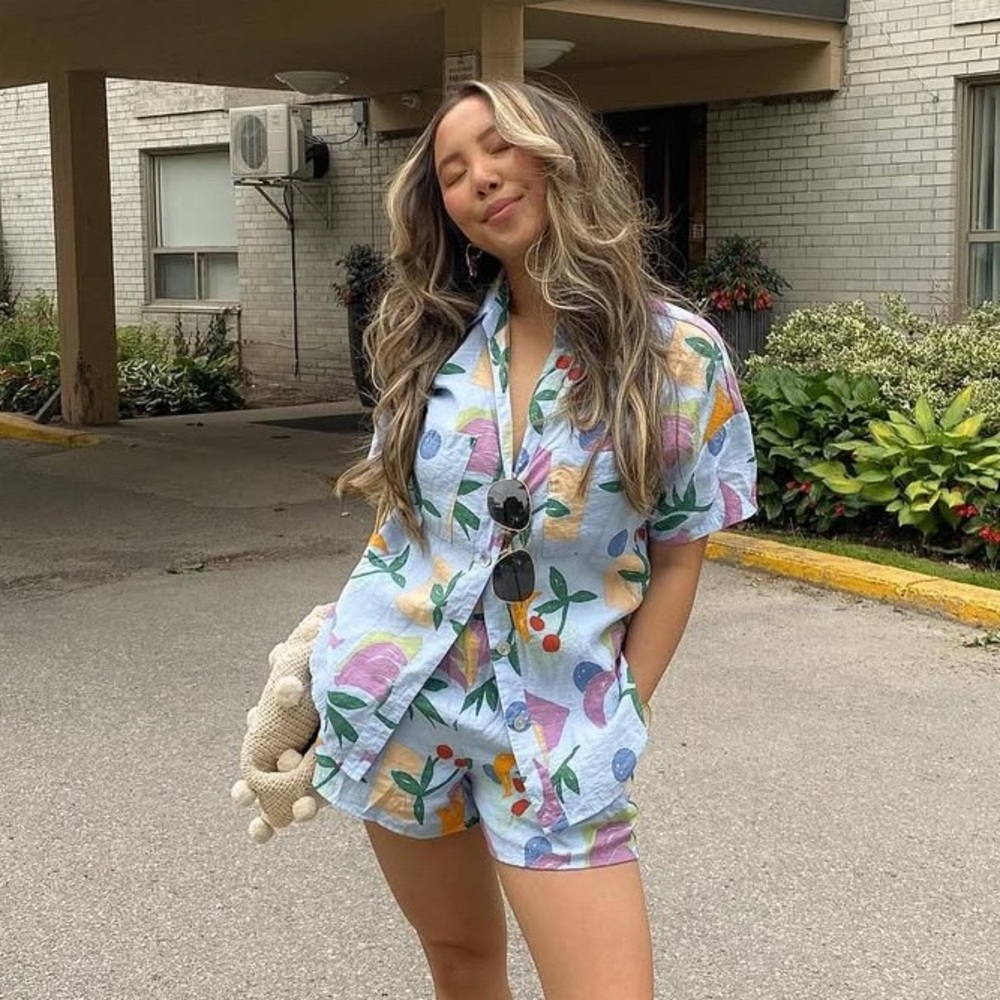 Beginning Boutique Blue and Green Casual Button Down Shirt & Shorts SET